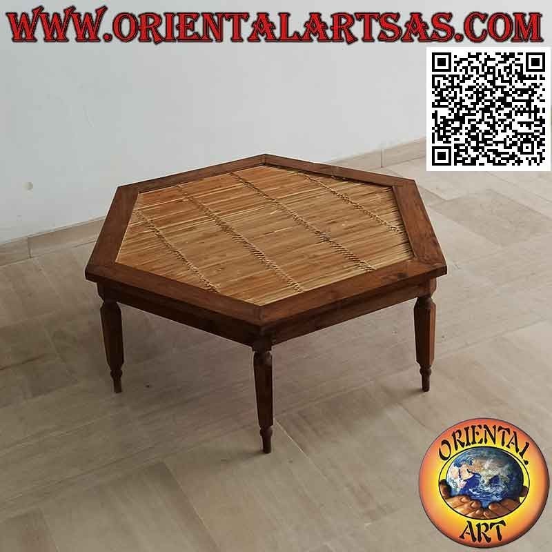 Low hexagonal coffee table in teak wood and bamboo center