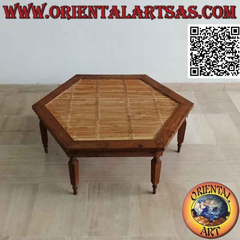 Table basse hexagonale en bois de teck et centre en bambou