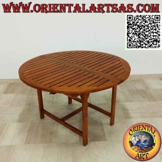 Round extendable garden table with slatted top in teak wood