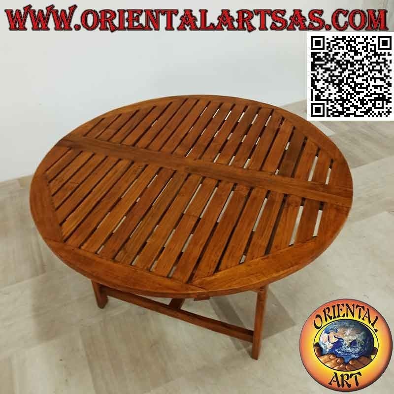 Tavolo tondo da giardino allungabile con piano a doghe in legno di teak