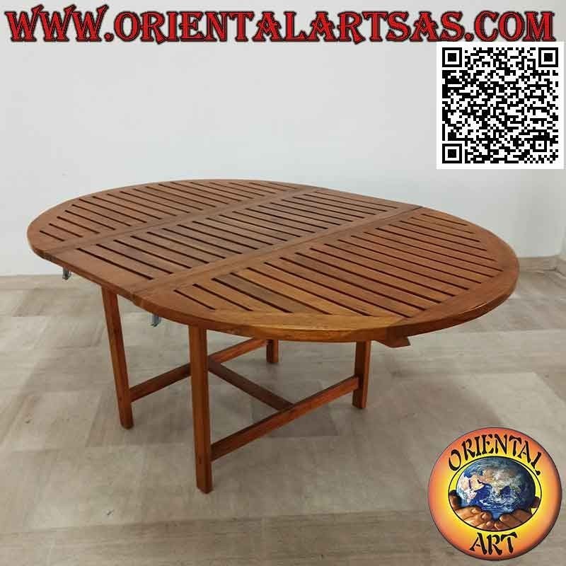 Round extendable garden table with slatted top in teak wood