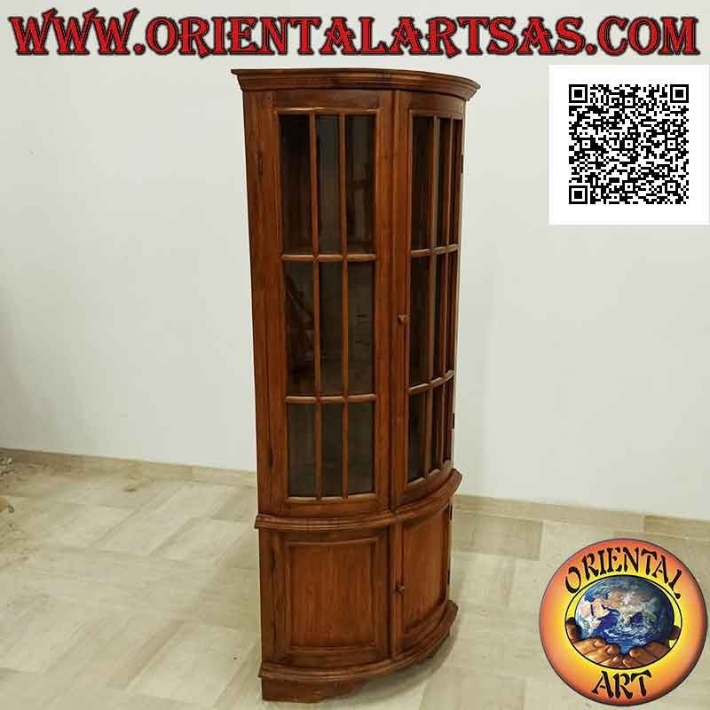 Cake slice corner display cabinet with two doors (3 glass shelves and 1 closed) in teak wood