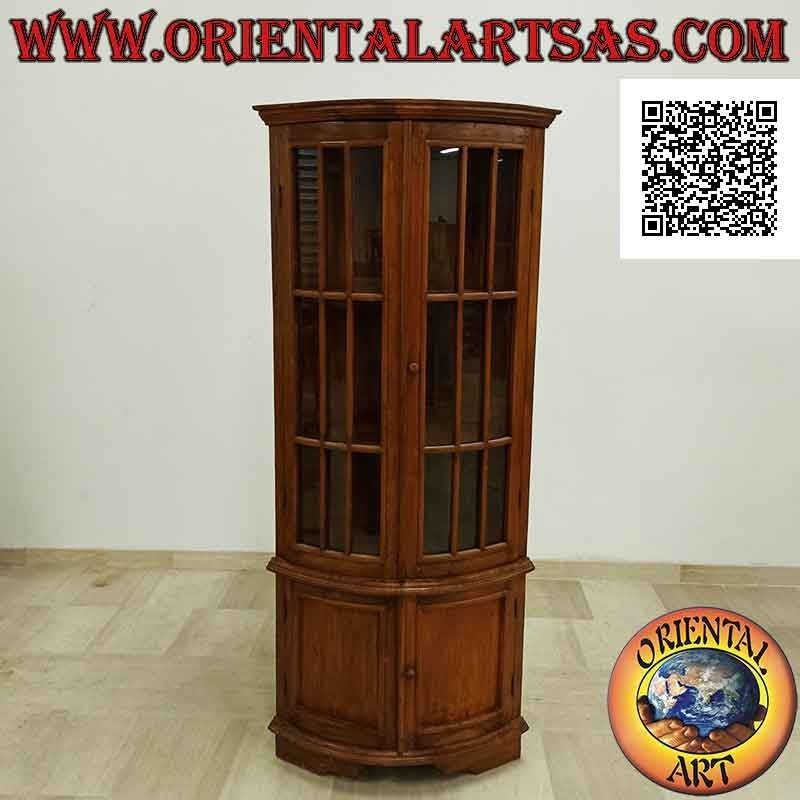 Cake slice corner display cabinet with two doors (3 glass shelves and 1 closed) in teak wood