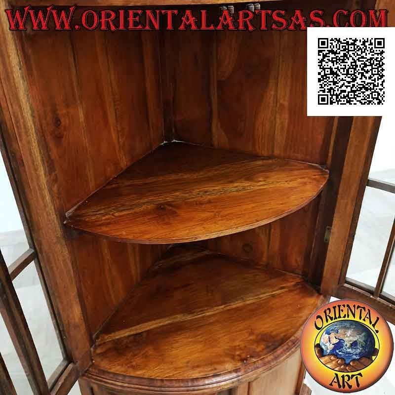 Vitrina de esquina para tartas con dos puertas (3 estantes de vidrio y 1 cerrada) en madera de teca