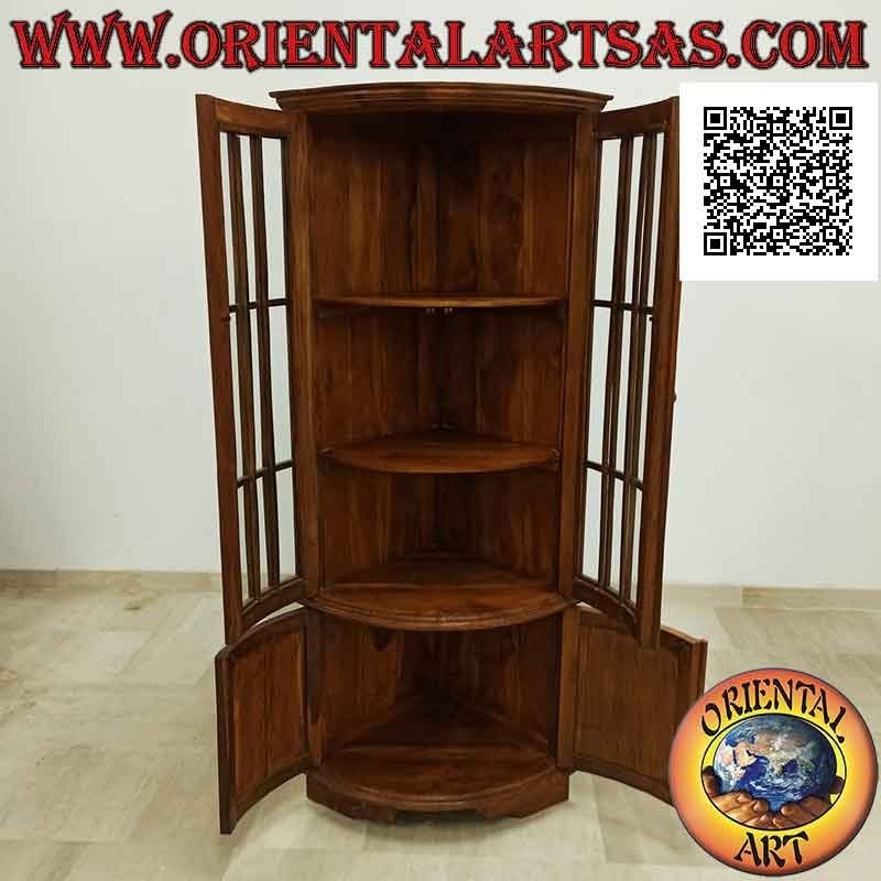Vitrina de esquina para tartas con dos puertas (3 estantes de vidrio y 1 cerrada) en madera de teca