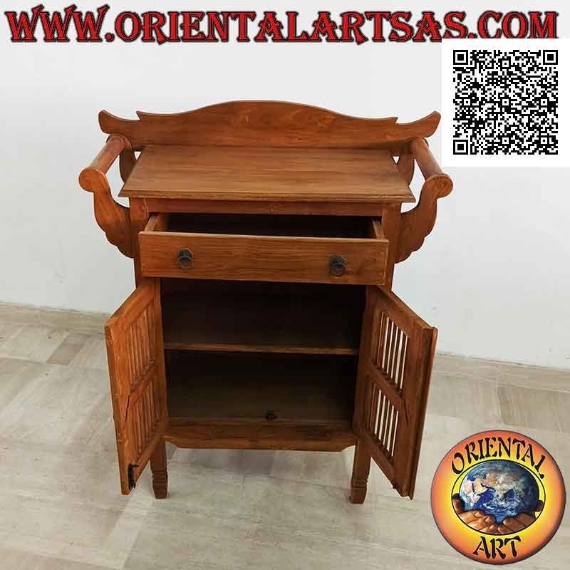 Mobiletto da bagno con doppio porta asciugamano, due ante e un cassetto in legno di teak