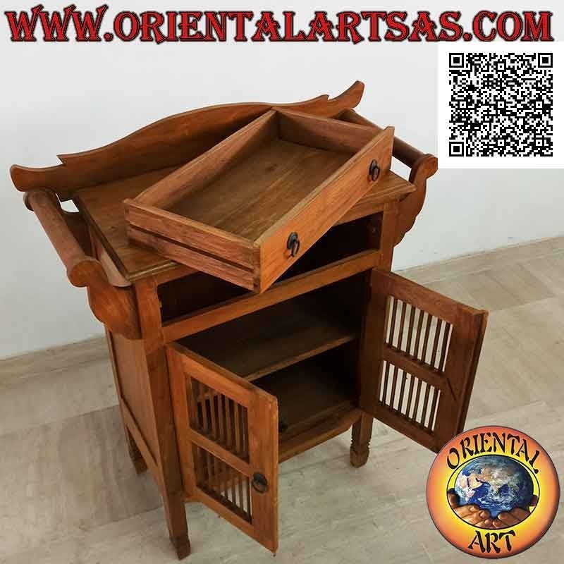 Mobiletto da bagno con doppio porta asciugamano, due ante e un cassetto in legno di teak