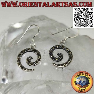 Silver leverback earrings with a spiral studded with marcasite
