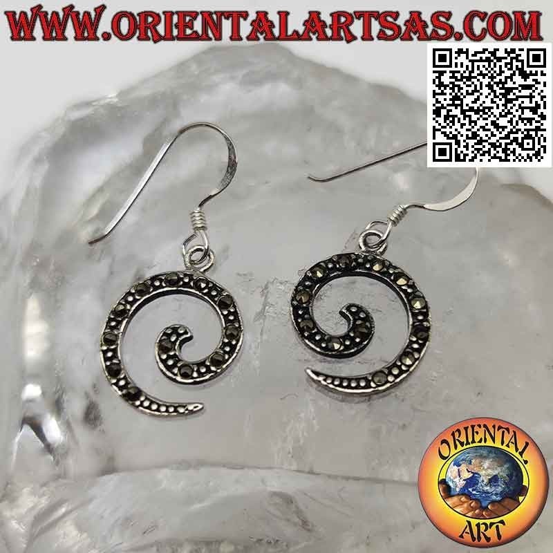 Silver leverback earrings with a spiral studded with marcasite