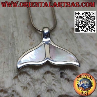 Silver pendant in the shape of a whale tail with flat mother of pearl