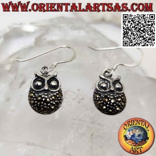 Silver earrings with plump owl pendant studded with marcasite