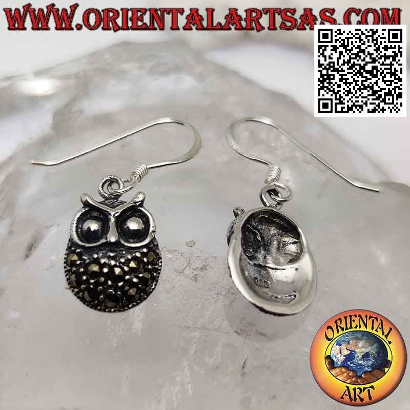 Pendientes de plata con colgante de búho regordete tachonado de marcasita