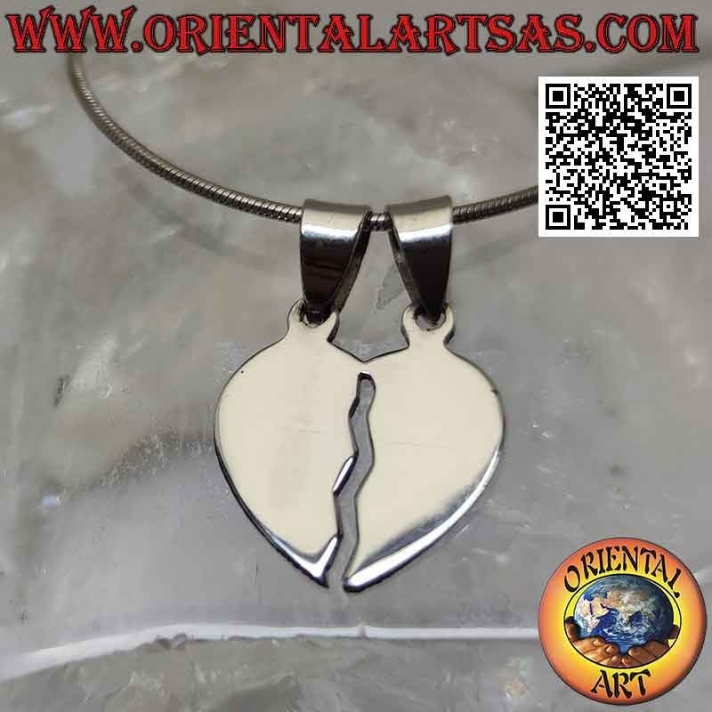 Pendentif double en argent, coeur brisé lisse "moitié douce" (divisé mais toujours uni)