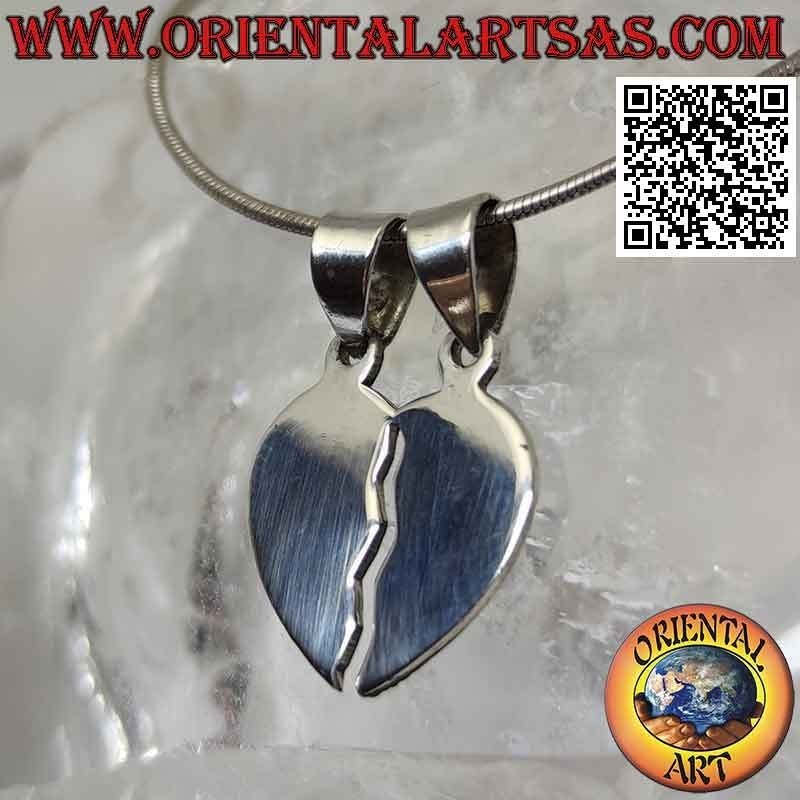 Double silver pendant, smooth broken heart "sweet half" (divided but always united)