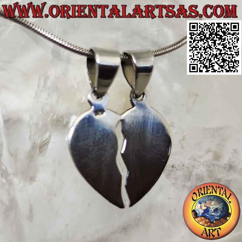 Ciondolo in argento doppio, cuore spezzato liscio "dolce metà" (divisi ma sempre uniti)