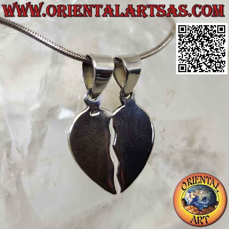 Pendentif double en argent, coeur brisé lisse "moitié douce" (divisé mais toujours uni)