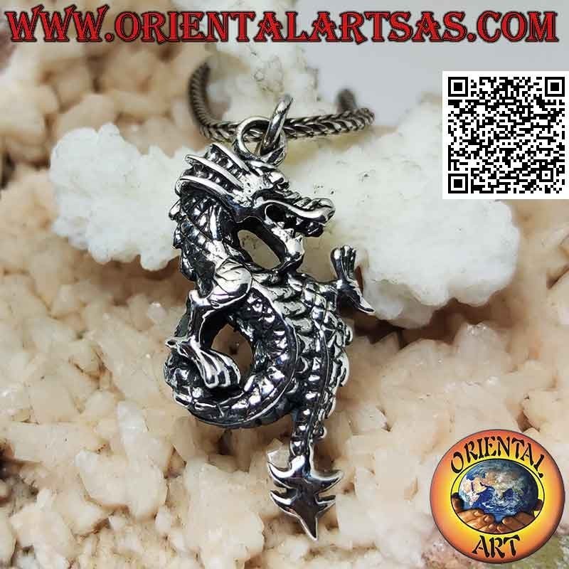 Colgante de plata en forma de dragón lindworm de perfil con cola enrollada