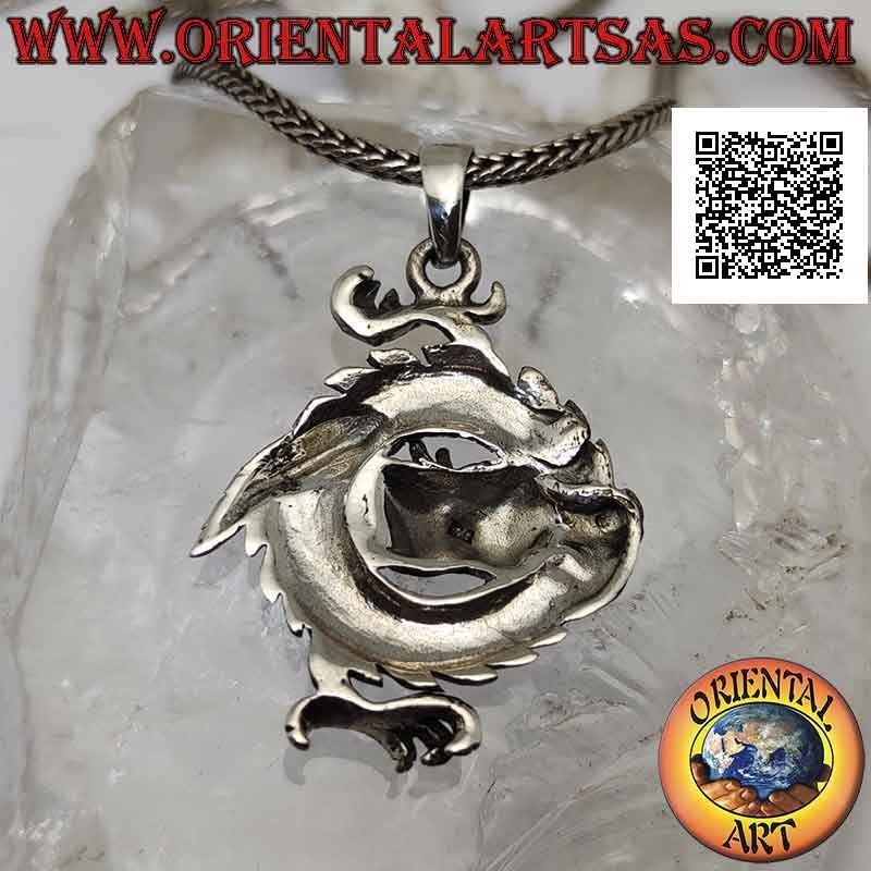 Silver dragon pendant tied in a circle with central head and paw above and below
