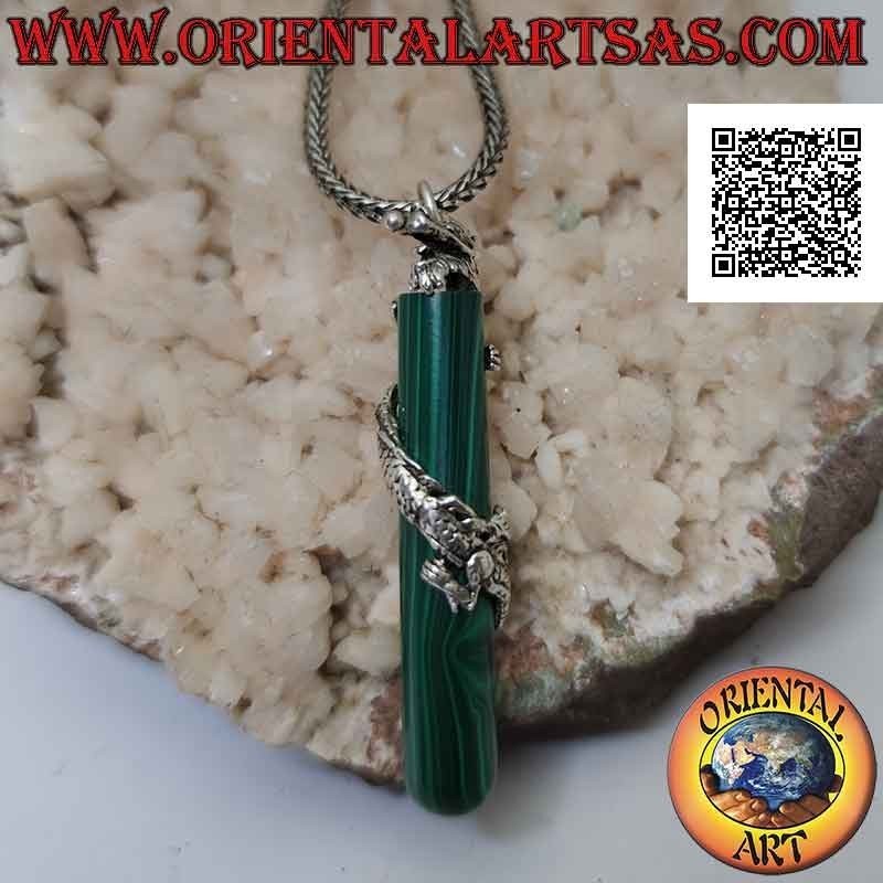 Silver dragon pendant twisted in a spiral around a synthetic malachite cylinder