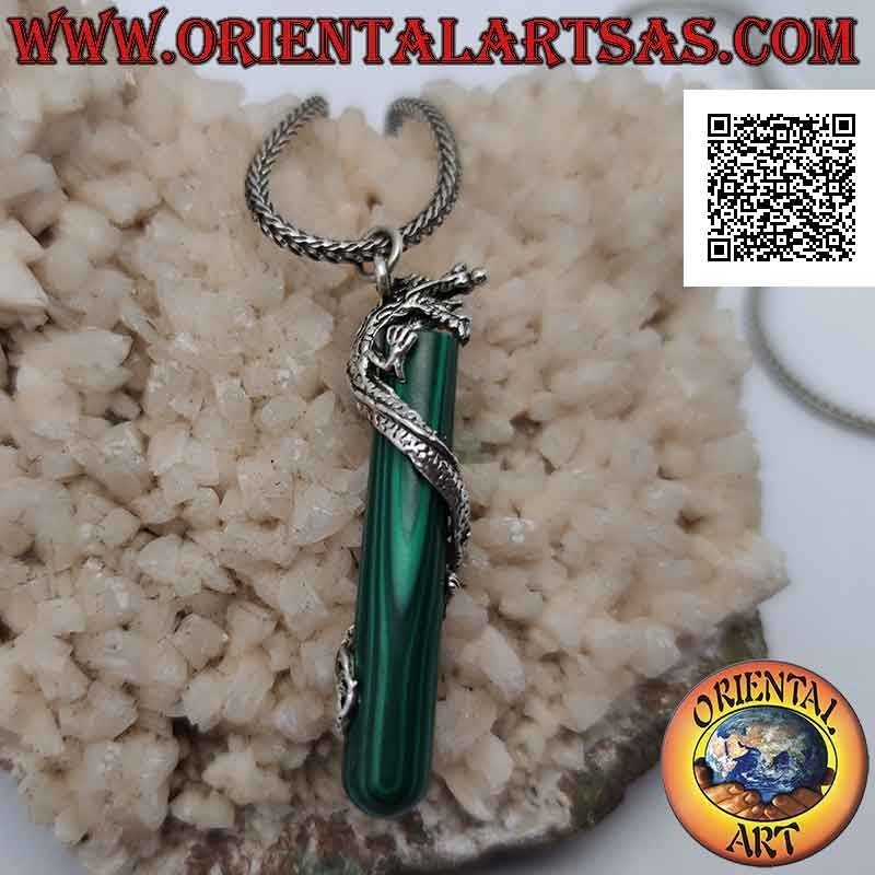 Silver dragon pendant twisted in a spiral around a synthetic malachite cylinder
