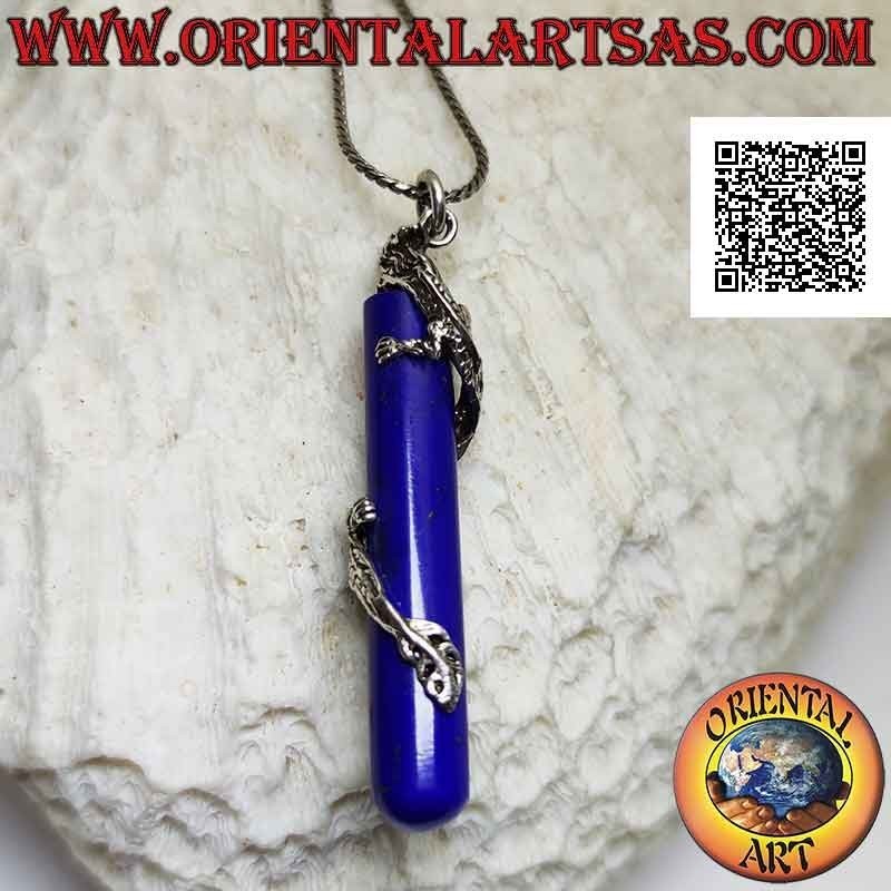 Silver dragon pendant twisted in a spiral around a synthetic sodalite cylinder