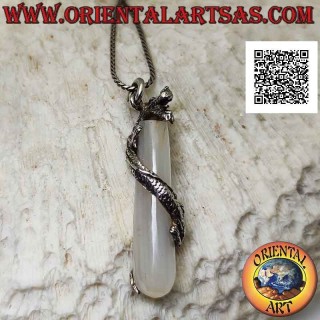 Silver dragon pendant twisted in a spiral around a mother-of-pearl cylinder