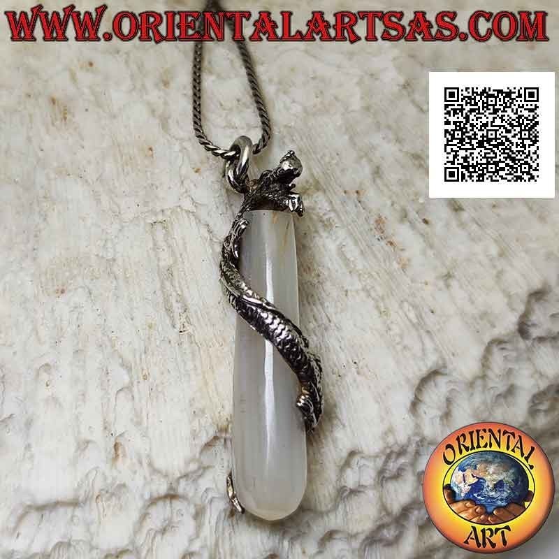 Silver dragon pendant twisted in a spiral around a mother-of-pearl cylinder