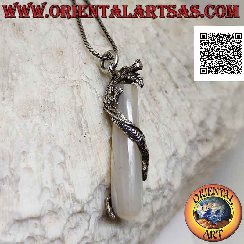 Silver dragon pendant twisted in a spiral around a mother-of-pearl cylinder