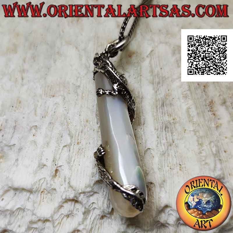 Silver dragon pendant twisted in a spiral around a mother-of-pearl cylinder