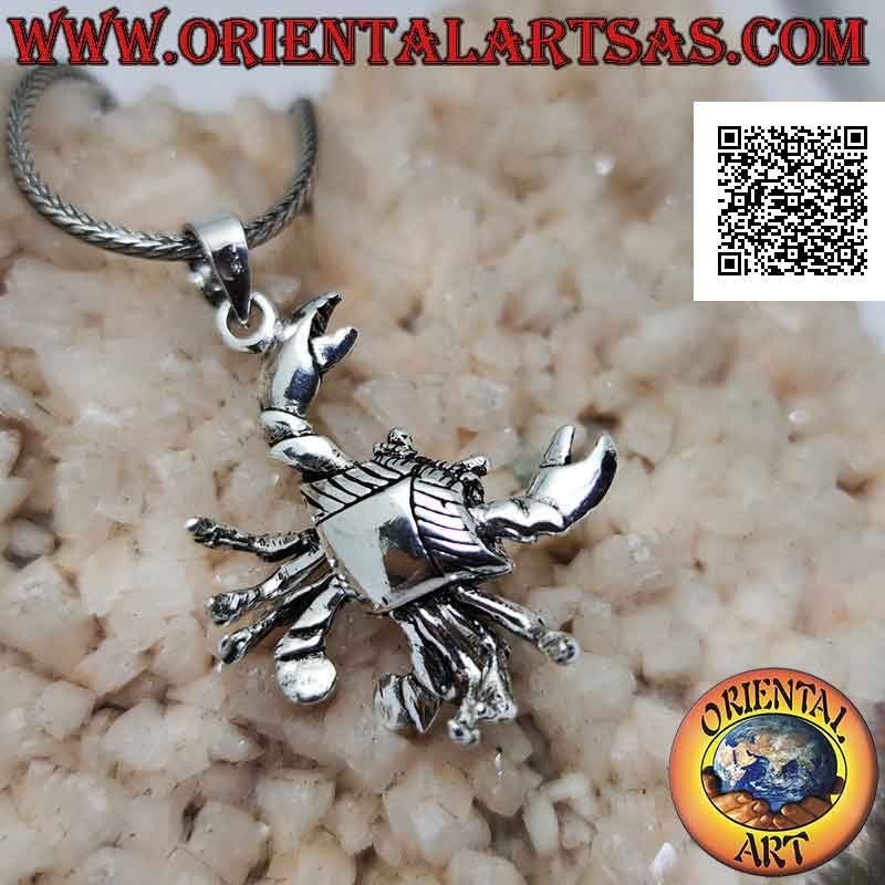 Colgante de plata en forma de cangrejo móvil tridimensional liso (mueve patas y garras)