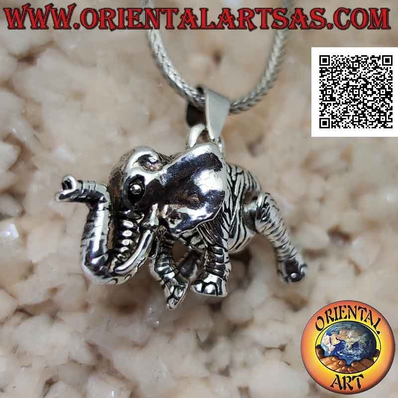 Colgante de plata en forma de elefante tridimensional, totalmente móvil (mueve cabeza, patas y cola)