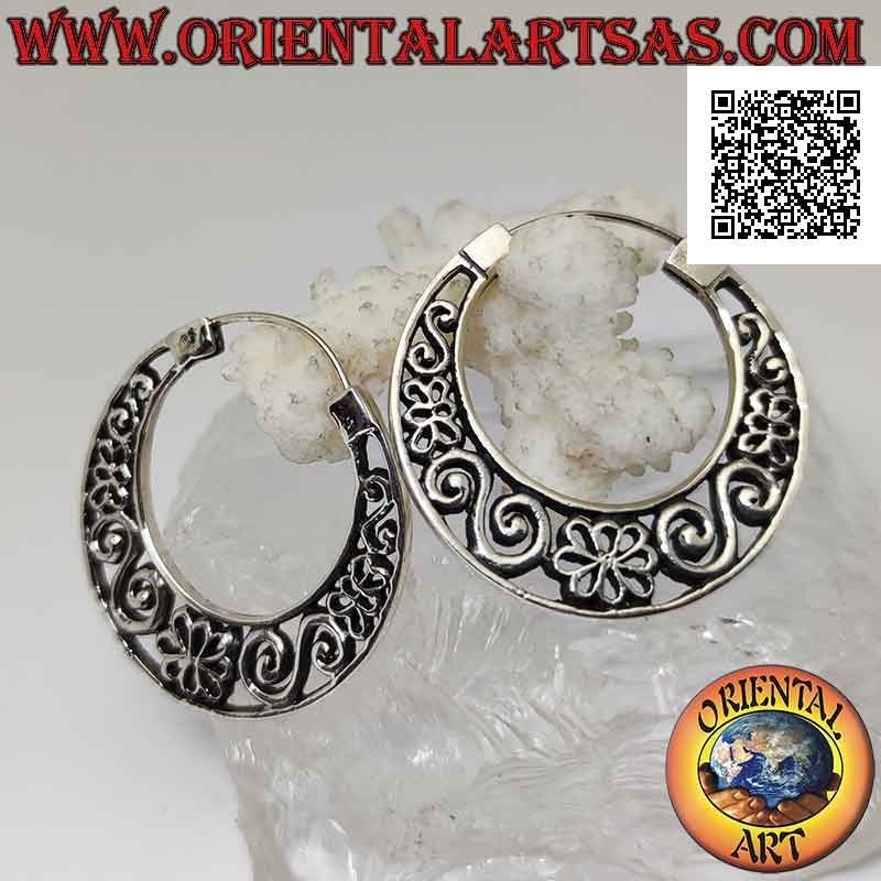 Silver earrings, 37 mm flat crescent circles with perforated decoration (greek and flowers)