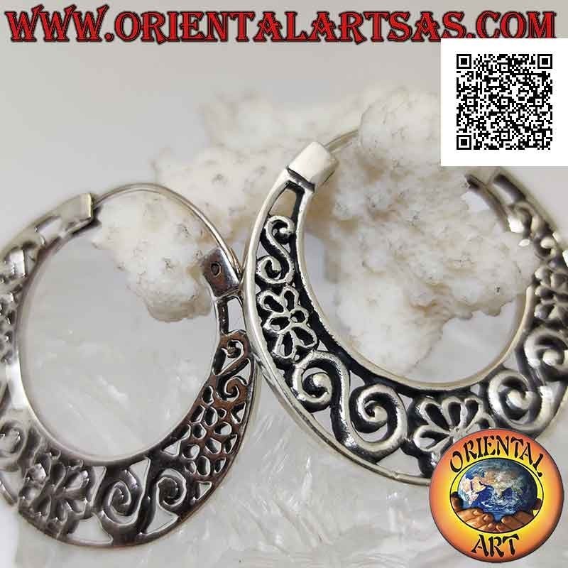 Silver earrings, 37 mm flat crescent circles with perforated decoration (greek and flowers)