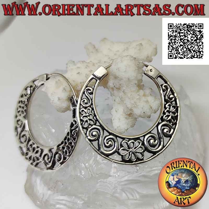 Silver earrings, 37 mm flat crescent circles with perforated decoration (greek and flowers)