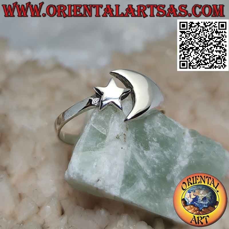 Glatter Silberring mit nahem, aber getrenntem Stern und Mond (verstellbar)