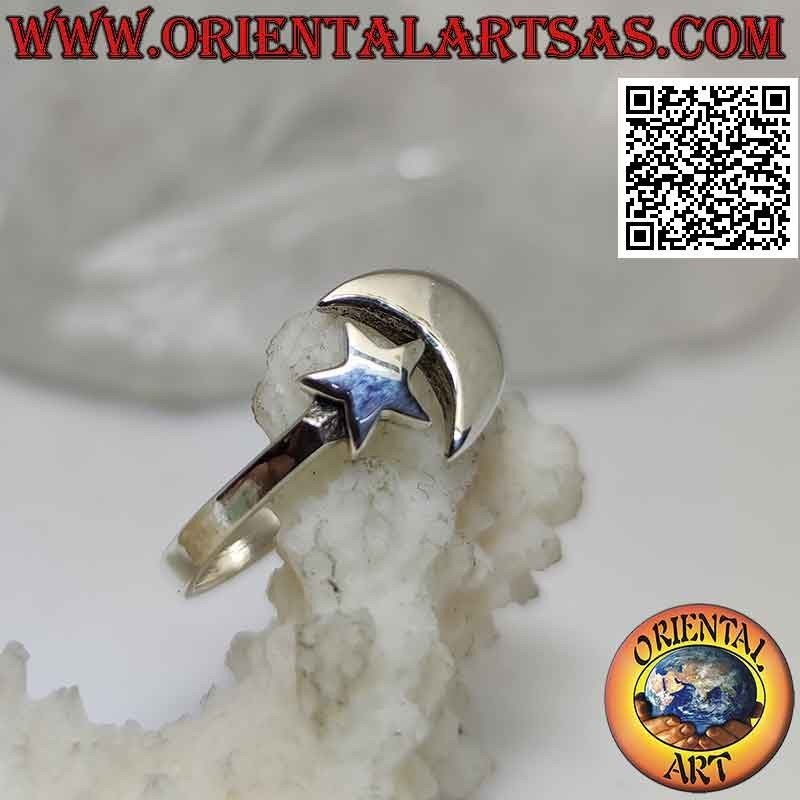 Anillo de plata suave con estrella y luna cercanas pero separadas (ajustable)