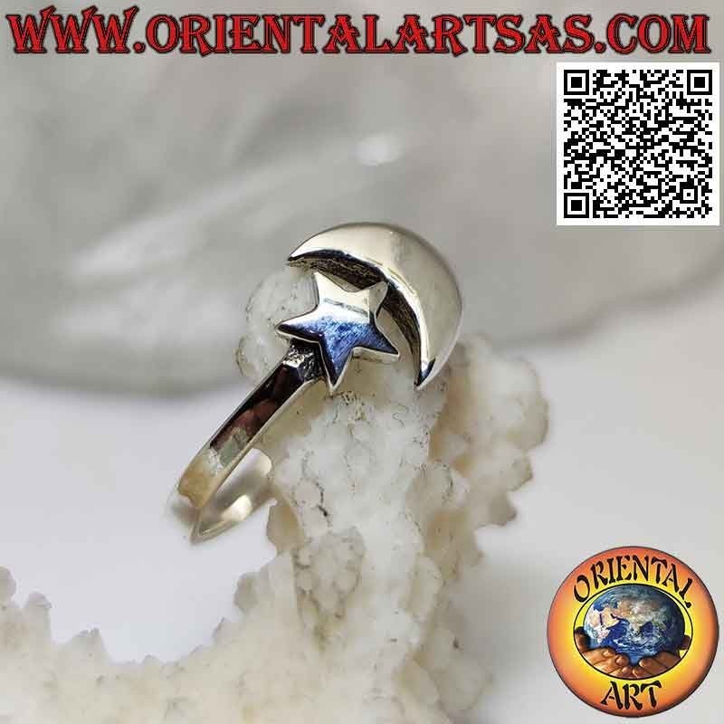 Anillo de plata suave con estrella y luna cercanas pero separadas (ajustable)
