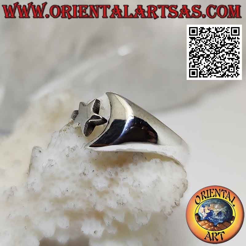 Anello in argento liscio con stella e luna vicine ma separate (regolabile)