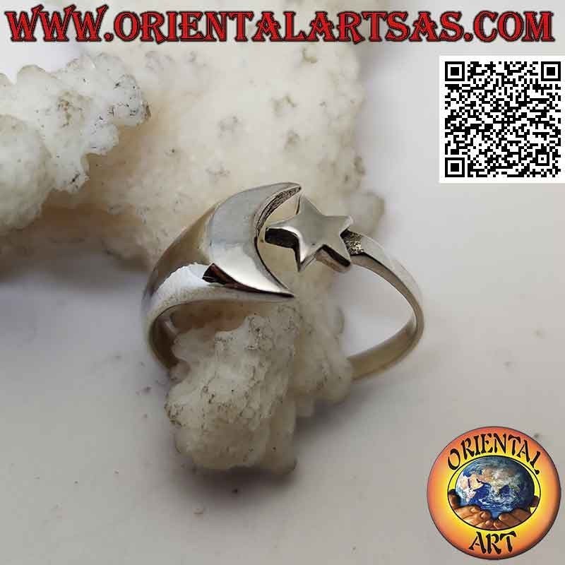 Anello in argento liscio con stella e luna vicine ma separate (regolabile)