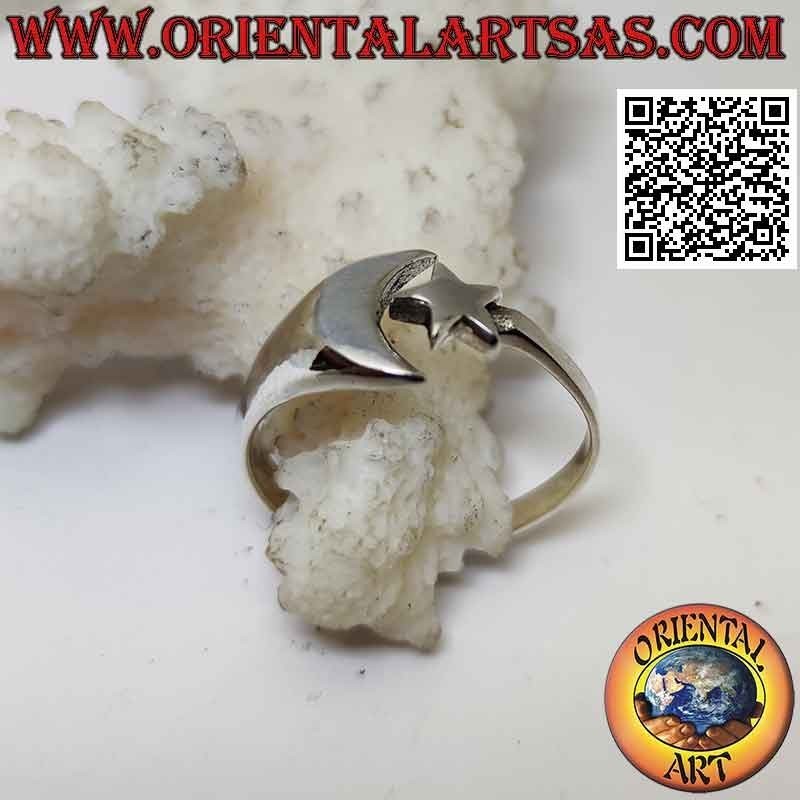 Smooth silver ring with close but separate star and moon (adjustable)