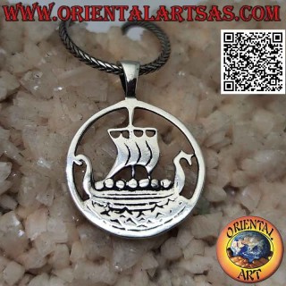 Silver pendant traditional Viking sailing ship "Drakkar" at sea in the circle