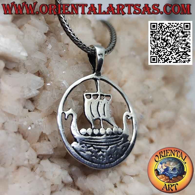 Silver pendant traditional Viking sailing ship "Drakkar" at sea in the circle