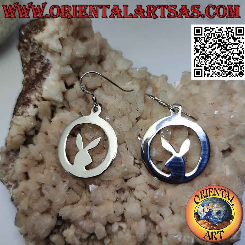 Silver leverback earrings with smooth "playboy" bunny in the circle