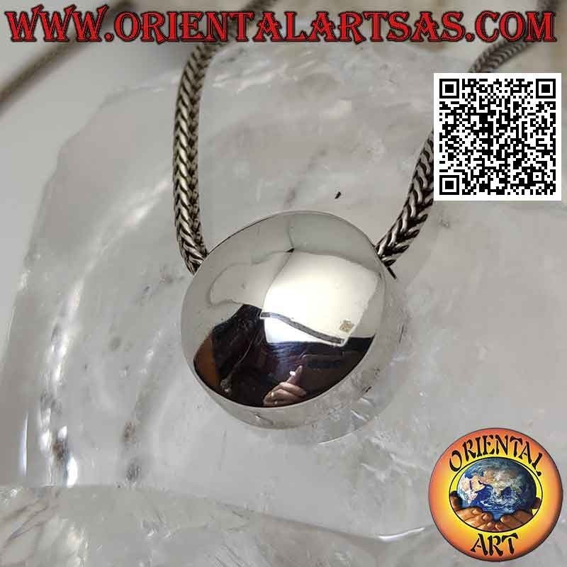 Smooth silver pendant in the shape of a convex button with holes on the sides