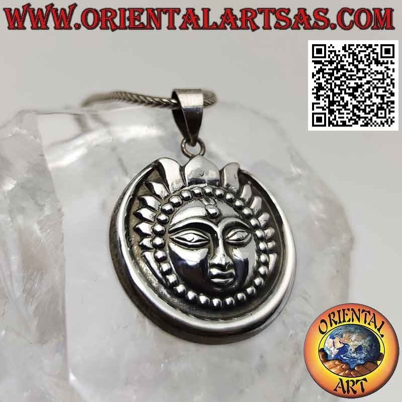 Pendentif en argent, soleil avec visage dans la lune de style népalais (Ø 30 mm)