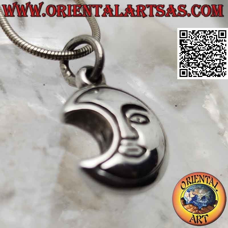 Pendentif en argent, croissant arrondi double face avec demi-face gravée