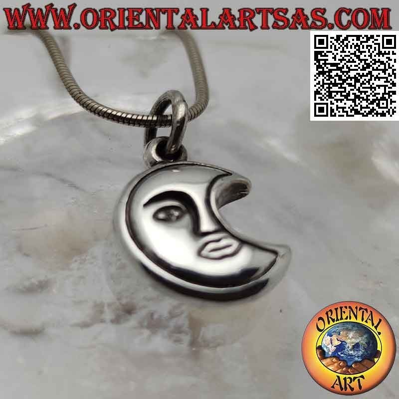 Pendentif en argent, croissant arrondi double face avec demi-face gravée