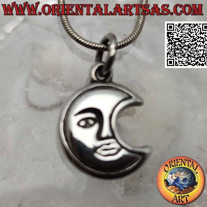 Silver pendant, double-sided rounded crescent with engraved half face