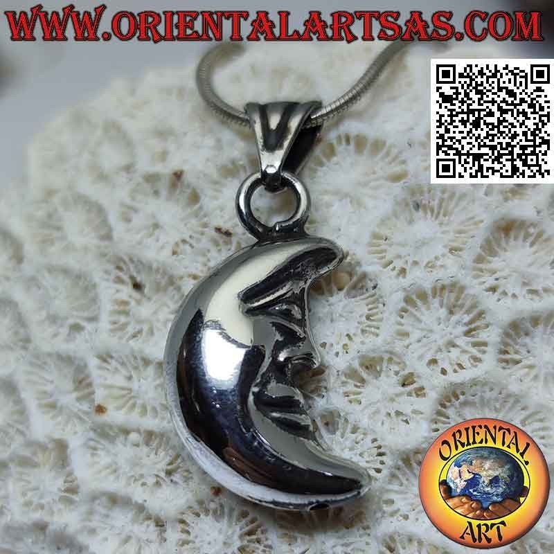 Silver pendant, smooth crescent with double-sided shaped face