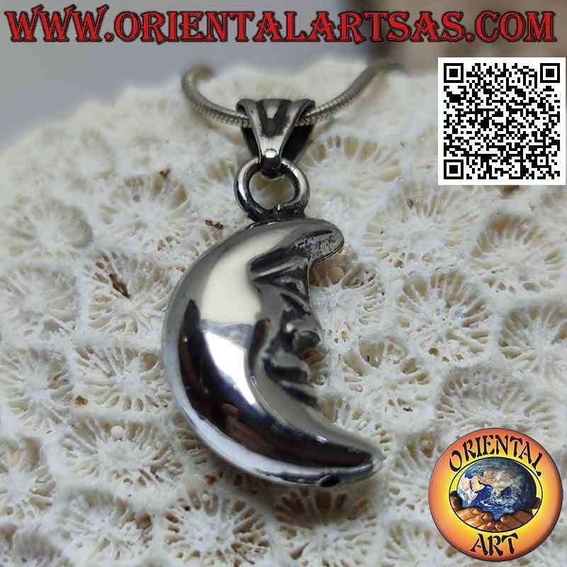 Silver pendant, smooth crescent with double-sided shaped face